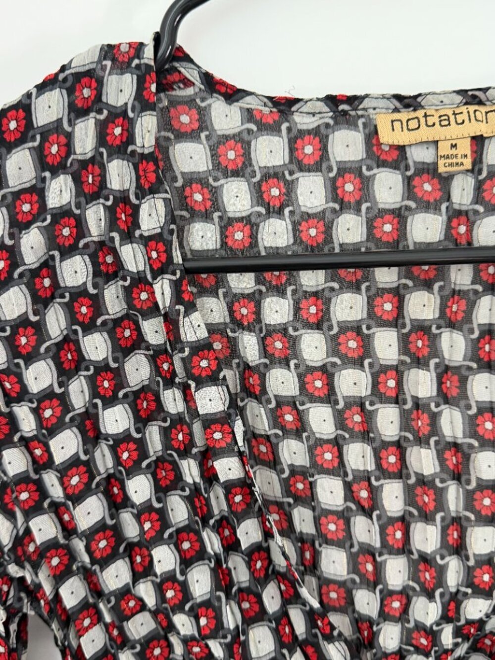 Notations Sheer Floral Tie Front Top Women’s Medium Black Red Long Boho Y2k - Picture 5 of 5